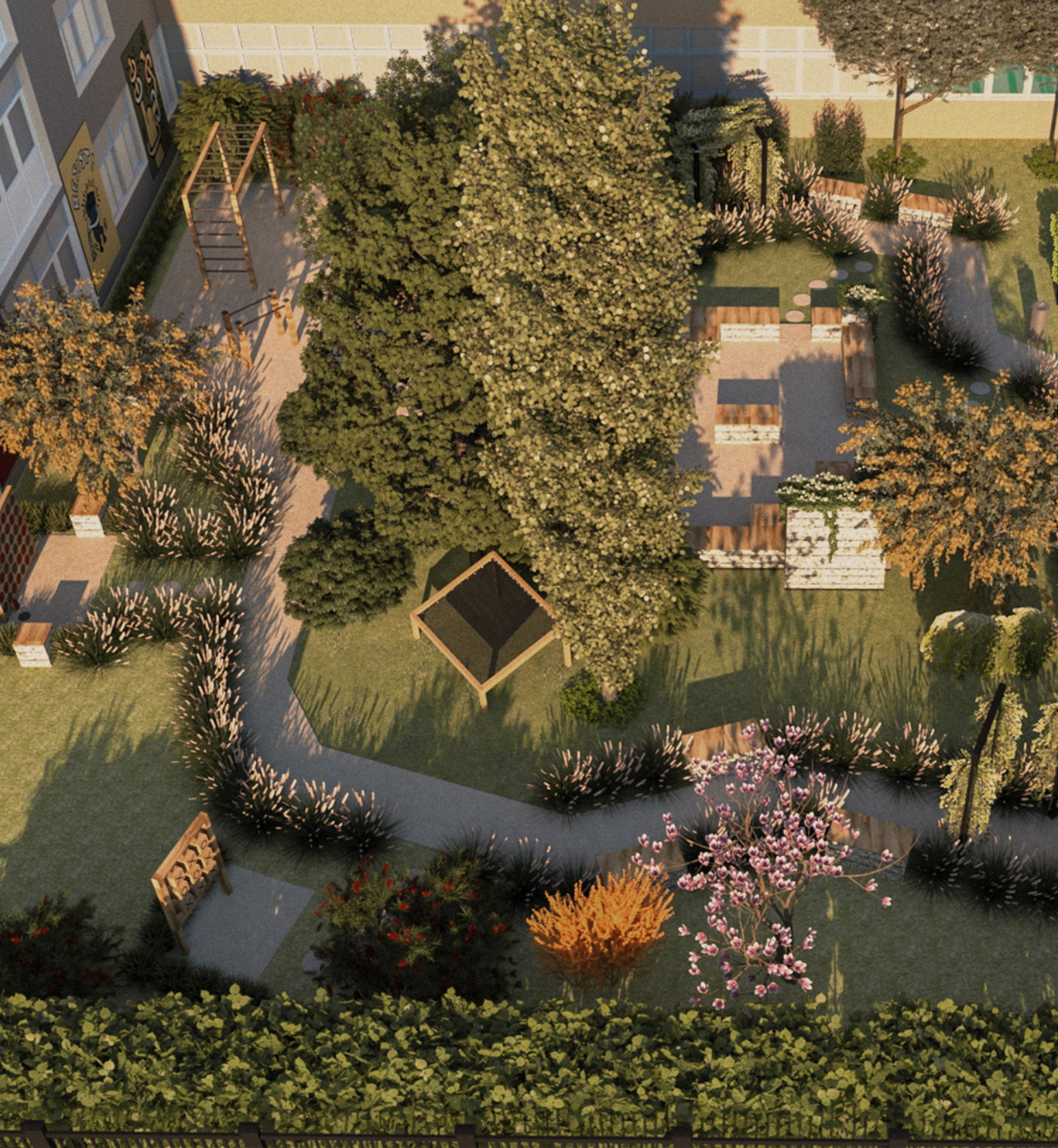 3d vizualizacija profesionalno dizajniranog vrta za srednju školu u Zagrebu